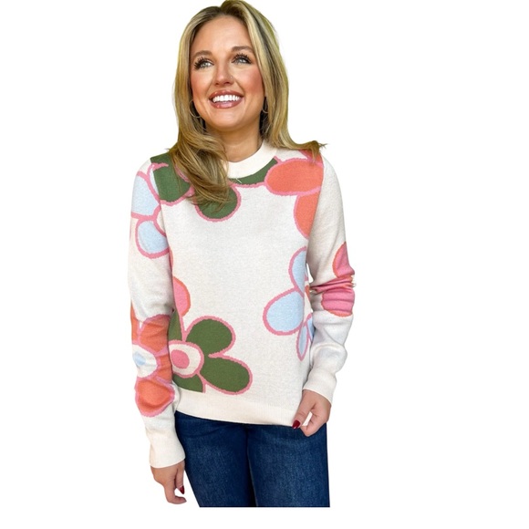 THML Sweaters - THML Cream Floral Knit Sweater Size Medium